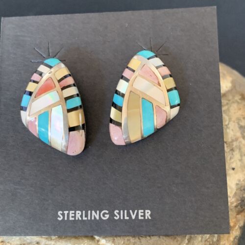 Navajo Mother of Pearl & Onyx Inlay Post Stud Earrings | Sterling Silver | Authentic Native American Handmade | 3746