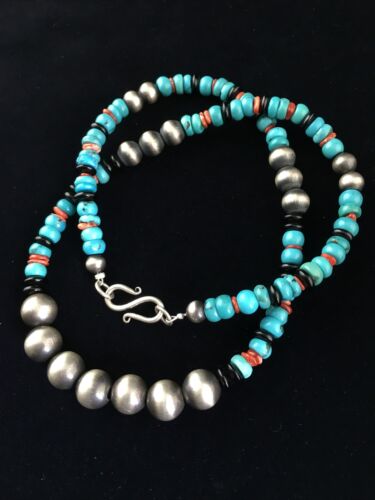 Southwestern Navajo Blue Turquoise Spiny Oyster Necklace | Sterling Silver | 18" | 10045