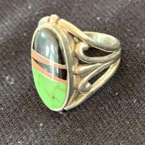 Native American Gaspeite, Onyx & Opal Inlay Ring | Sterling Silver | Sz 7 | 01488