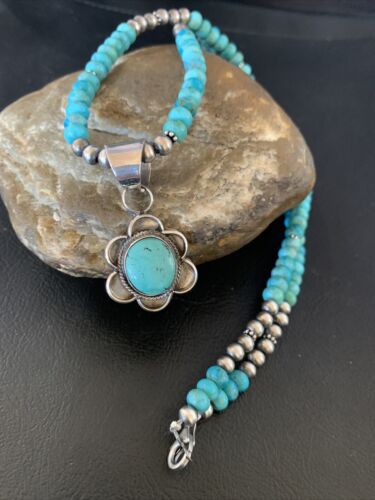 Navajo Blue Turquoise Pendant Necklace | Sterling Silver Pearls | Authentic Native American Handmade | 13220