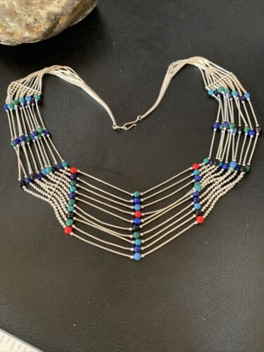 Native American Multi-Color Liquid Heishi Necklace | 10 Strand Sterling Tubes | 17" | 12623