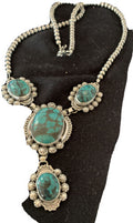 Navajo Lariat Spiderweb Turquoise Pendant Necklace | Sterling Silver | 25" | Authentic Native American Handmade | 01336