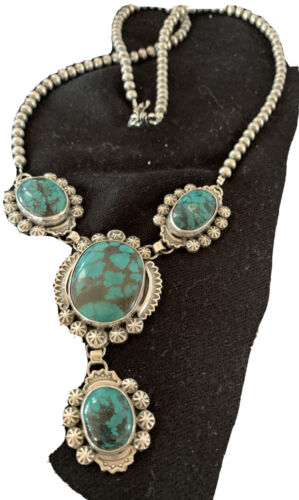 Navajo Lariat Spiderweb Turquoise Pendant Necklace | Sterling Silver | 25" | Authentic Native American Handmade | 01336