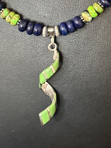 Navajo Green Turquoise Lapis Pendant Inlay Necklace | Sterling Silver | Authentic Native American Handmade | 14635