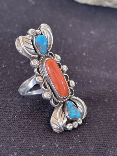 Navajo Kingman Turquoise & Coral Ring | Authentic Native American Sterling Silver | Multi-Stone | Sz 10 | 1292