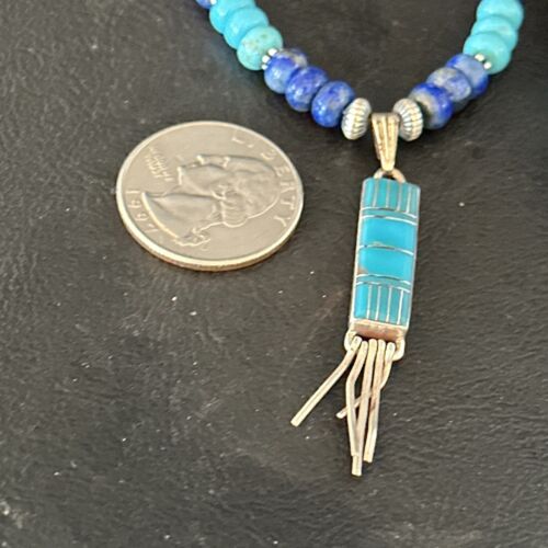 Navajo Blue Turquoise Lapis Necklace Inlay Pendant | Sterling Silver | Authentic Native American Handmade | 14637