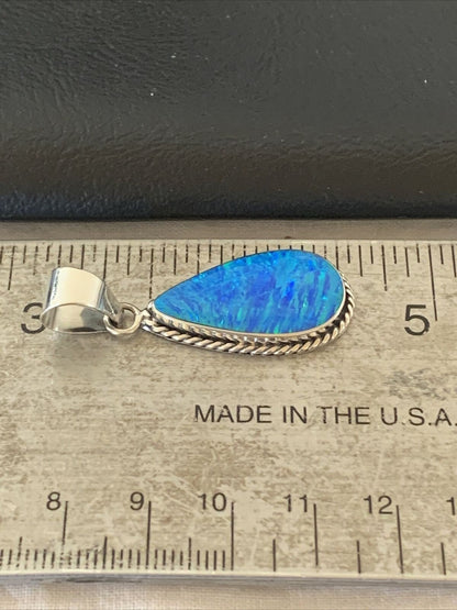 Navajo Blue Faux Opal Pendant | Sterling Silver | Authentic Native American Handmade | 1.50" | 01391