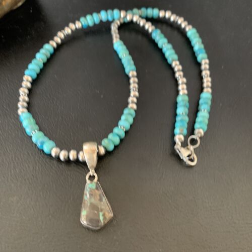 Women's Blue Turquoise Pendant Necklace | Navajo Pearls | Sterling Silver | Authentic Native American Handmade | 13368