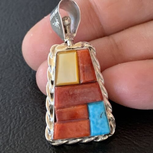 Zuni Yellow Mother of Pearl Turquoise Coral Inlay Sun Face Pendant | Sterling Silver | 2-Sided | 1684