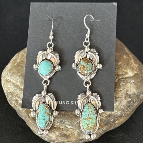 Navajo Blue #8 Turquoise Dangle Earrings | Sterling Silver | Authentic Native American Handmade | 14342