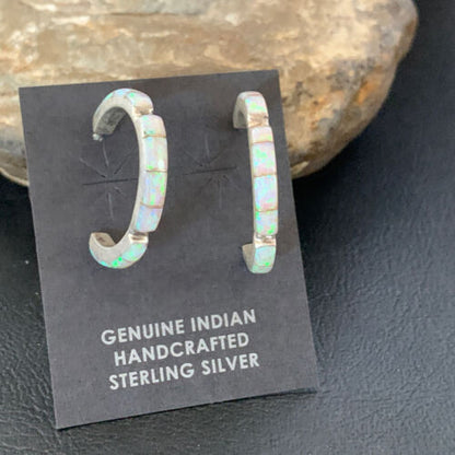 Navajo White Opal Inlay Hoop Earrings | Sterling Silver | 1" | Authentic Native American Handmade | 12128