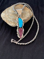 Navajo Kingman Turquoise & Spiny Oyster Pendant Necklace | Sterling Silver | Authentic Native American Handmade | 4576