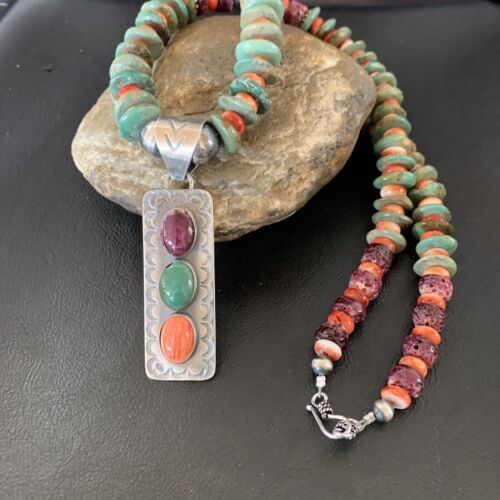 Navajo Royston Turquoise & Red Spiny Oyster Necklace Pendant | Authentic Native American Sterling Silver | Multi-Stone | 11761