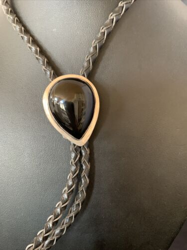 Native American Men's Bolo Tie | Sterling Silver Navajo Black Onyx | Handmade | 12148