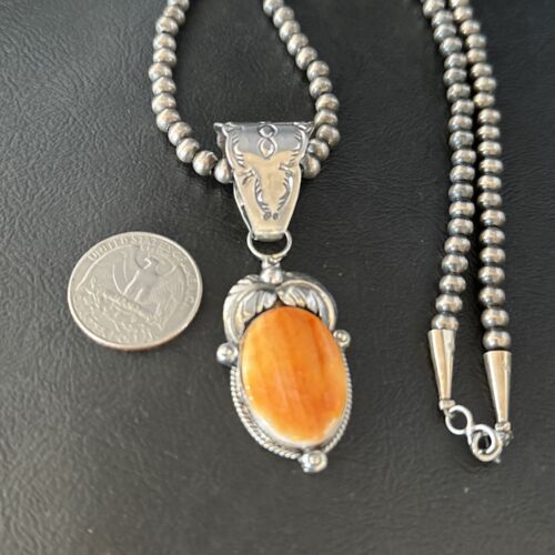 Navajo Orange Spiny Oyster Pendant Necklace | Sterling Silver | Authentic Native American Handmade | 14684