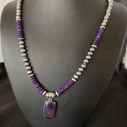 Navajo Pearls Necklace with Purple Sugilite Pendant | Sterling Silver | Authentic Native American Handmade | 11337