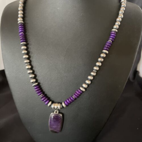 Navajo Pearls Necklace with Purple Sugilite Pendant | Sterling Silver | Authentic Native American Handmade | 11337