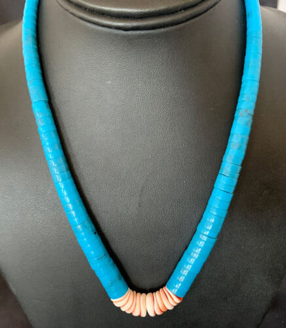 Southwestern Santo Domingo Spiny Oyster & Blue Turquoise Graduated Necklace | Authentic Native American | 18" | 12525