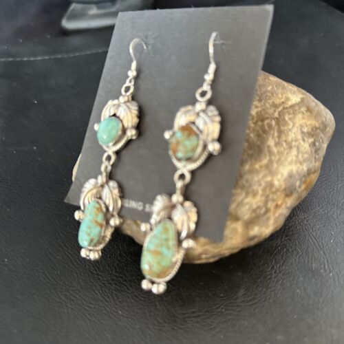 Navajo Blue #8 Turquoise Dangle Earrings | Sterling Silver | Authentic Native American Handmade | 14342