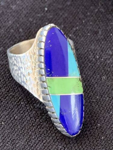 Navajo Multi-Color Lapis & Turquoise Inlay Ring | Sterling Silver | Sz 7 | Authentic Native American Handmade | 01576