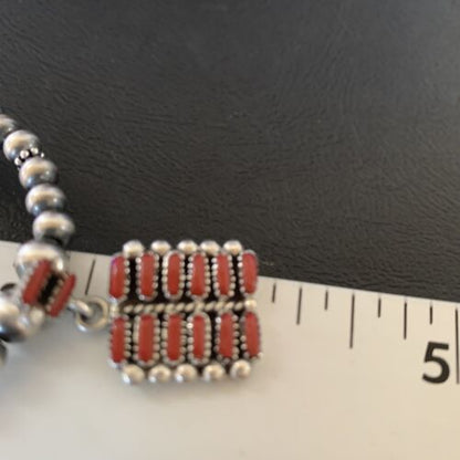 Southwestern Zuni Red Coral Corn Inlay Necklace Pendant | Sterling Silver | 21" | 12588