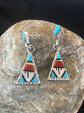 Navajo Sterling Silver Inlay Earrings | Coral Turquoise Onyx Mother of Pearl | Southwestern