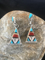 Navajo Sterling Silver Inlay Earrings | Coral Turquoise Onyx Mother of Pearl | Southwestern