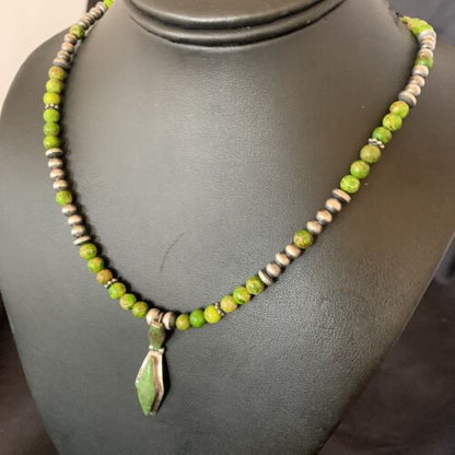 Navajo Green Gaspeite Turquoise Pendant | Sterling Silver Inlay | Authentic Native American Handmade | 12361 - Masha USA