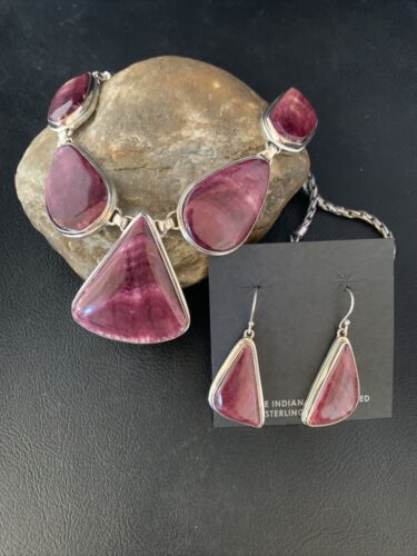 Navajo Purple Spiny Oyster Necklace Choker Earrings Set | Sterling Silver Pendant | 20" | Authentic Native American Handmade | 13792