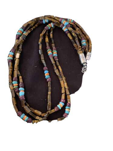 Navajo Turquoise, Tigers Eye & Spiny Oyster Necklace | Sterling Silver | Authentic Native American Handmade | 1132
