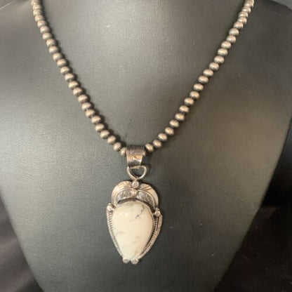 White Buffalo Turquoise Pendant Necklace | Sterling Silver | Navajo | Authentic Native American Handmade | 14049