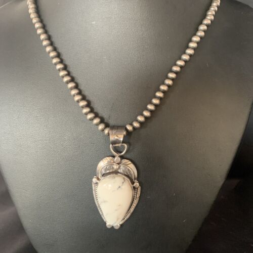 White Buffalo Turquoise Pendant Necklace | Sterling Silver | Navajo | Authentic Native American Handmade | 14049