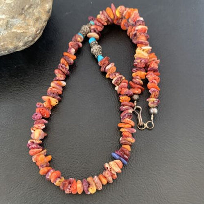 Navajo Spiny Oyster & Turquoise Necklace | Sterling Silver | 16" | Authentic Native American Handmade | 10693