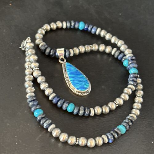 Navajo Turquoise Lapis Necklace with Opal Pendant | Sterling Silver | Authentic Native American Handmade | 14366