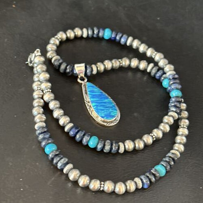 Blue Turquoise Lapis Necklace with Opal Pendant | Navajo Sterling Silver | Authentic Native American Handmade | 14367