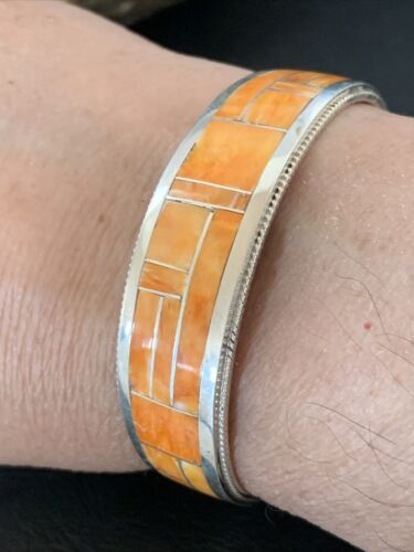 Native American Zuni Orange Spiny Oyster Inlay Cuff Bracelet | Sterling Silver | 12097
