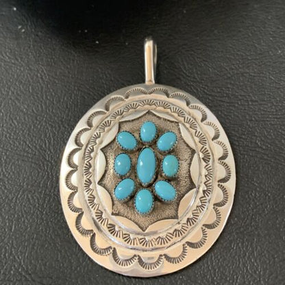 Navajo Blue Turquoise Cluster Pendant | Sterling Silver | 3" | Authentic Native American Handmade | 2105
