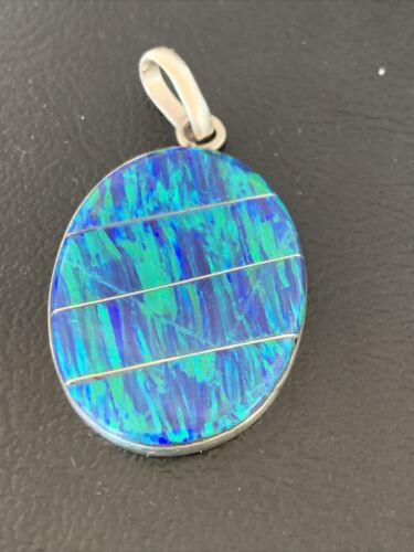 Authentic Native American Navajo Sterling Silver Blue Opal Inlay Pendant | Handmade Jewelry | 13138