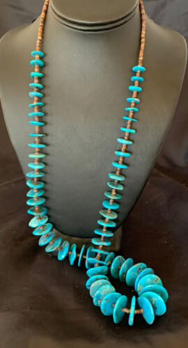Authentic Native American Kingman Turquoise & Shell Necklace | Sterling Silver | 33" | Navajo Graduated | 12159