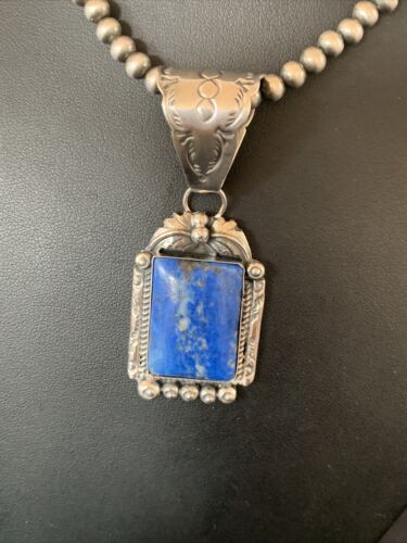Navajo Denim Lapis Necklace with Pendant | Sterling Silver Pearls | Authentic Native American Handmade | 12440