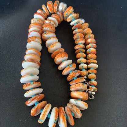 Navajo Turquoise & Orange Spiny Oyster Necklace | Sterling Silver | Authentic Native American | Graduated | 24" | 12733