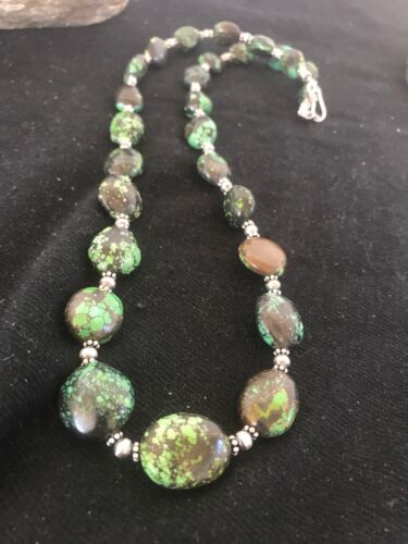 Navajo Green Spiderweb Turquoise Nugget Necklace | Sterling Silver | 22" | Authentic Native American Handmade | 3214