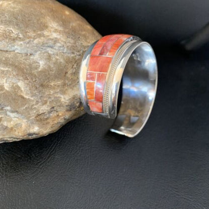 Navajo Red Spiny Oyster Cuff Inlay Bracelet | Sterling Silver | Authentic Native American Handmade | 13659