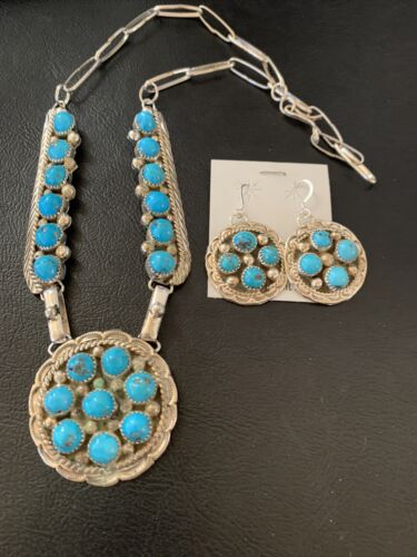 Navajo Blue Kingman Turquoise Necklace & Earrings Set | Sterling Silver | Authentic Native American Handmade | 2113