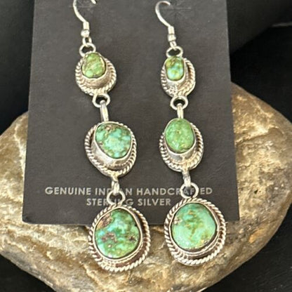 Navajo Green Sonoran Gold Turquoise Dangle Earrings | Sterling Silver | Authentic Native American Handmade | 14408