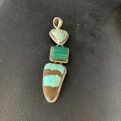 Navajo Pearls Necklace Pendant | Sterling Silver | Blue Turquoise #8 Malachite | Native American Handmade | 13500