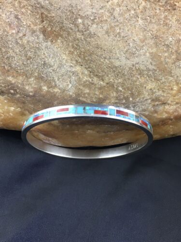 Native American Zuni Opal Spiny Turquoise Inlay Bracelet | Sterling Silver Bangle | 10199