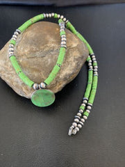 Navajo Green Gaspeite Turquoise Pendant | Sterling Silver | Authentic Native American Handmade | 12344