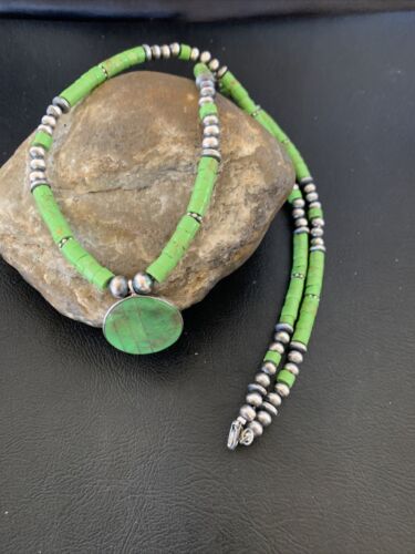 Navajo Green Gaspeite Turquoise Pendant | Sterling Silver | Authentic Native American Handmade | 12344
