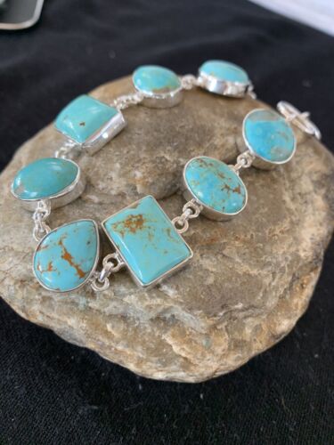 Native American Navajo Blue Turquoise Link Bracelet | Sterling Silver | 9" | 00666